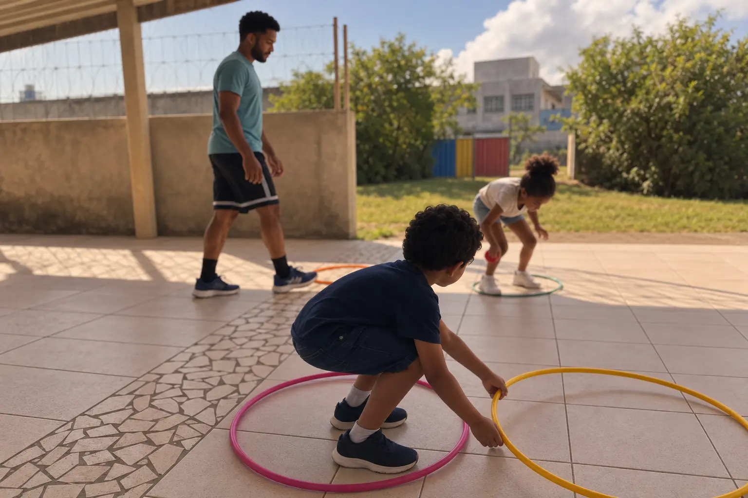 Crianças brincando de bambolê no pátio no Dia das Crianças