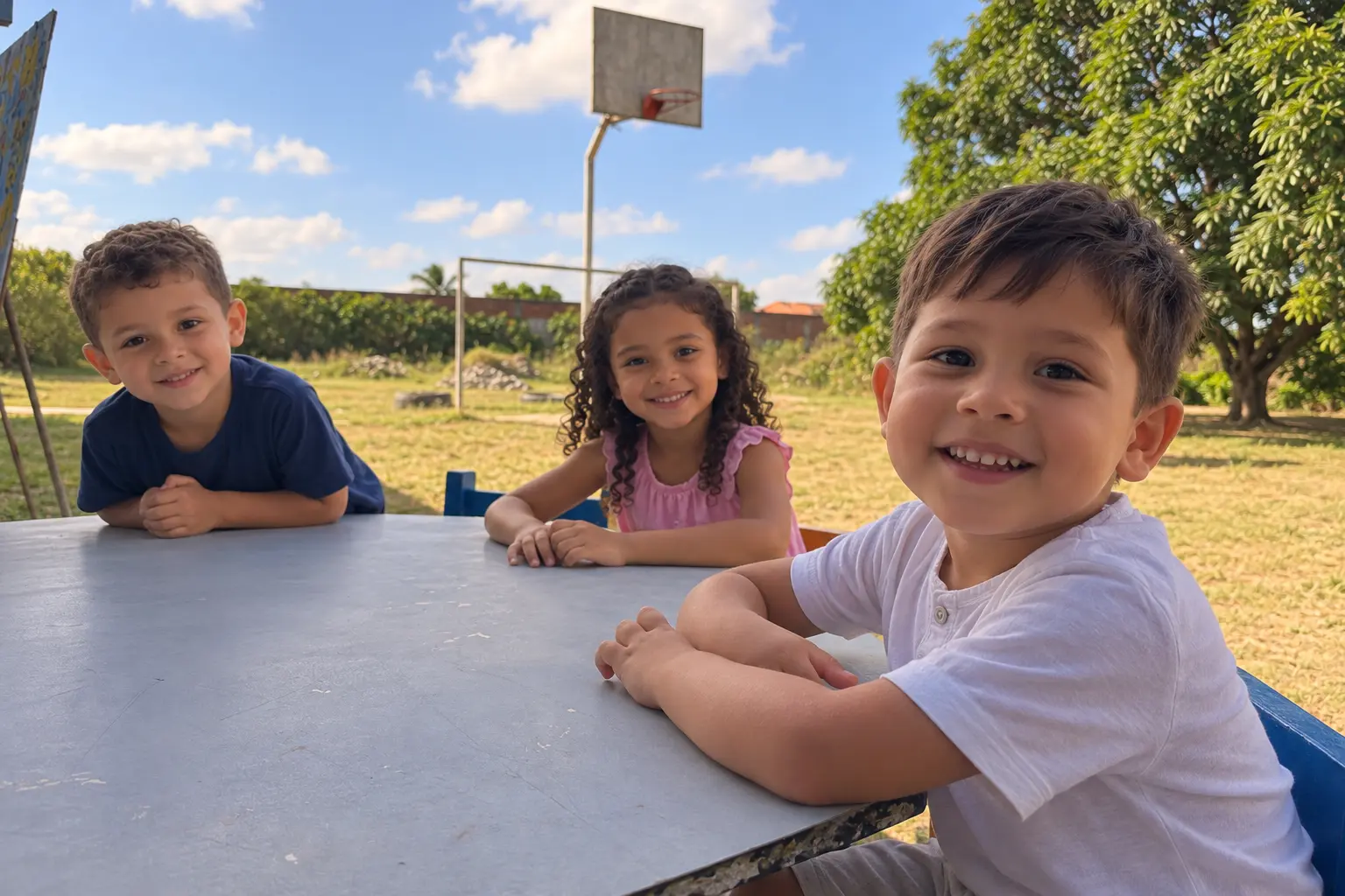 Alunos sentados à mesa no pátio ao ar livre