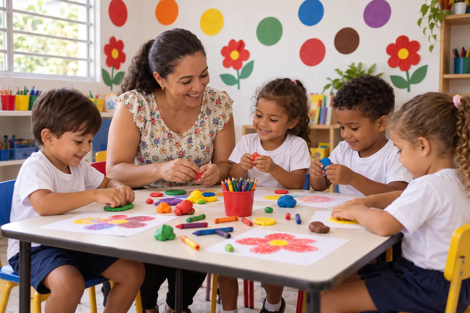 Professora com crianças da Educação Infantil fazendo atividade com massinha