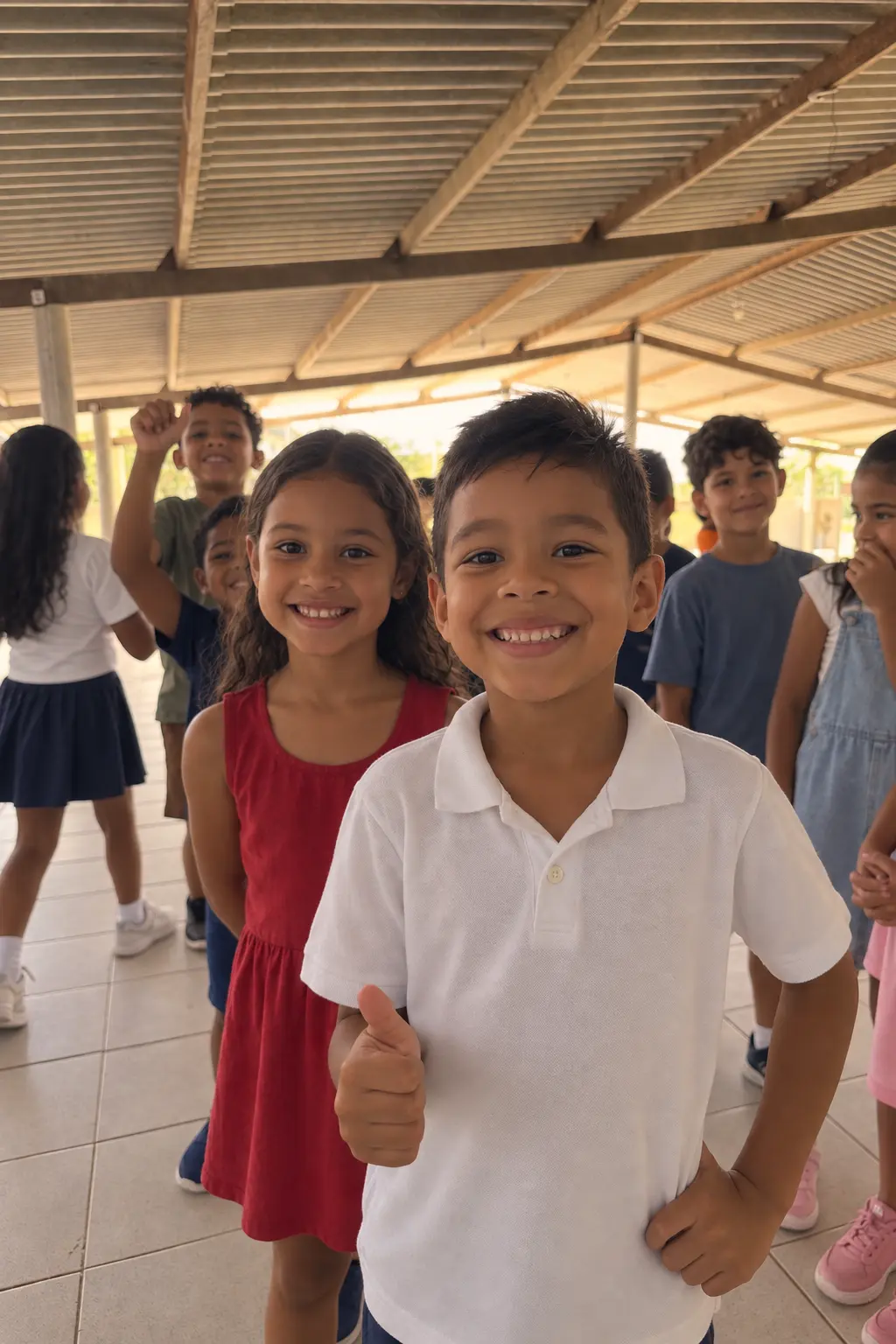 Alunos do Espaço Educacional Tia Ivonete sorrindo no pátio